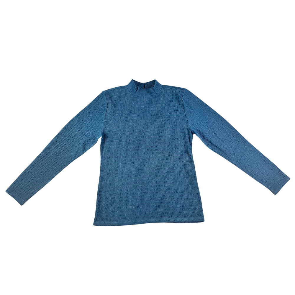 Ann Taylor Teal Blue Textured Crinkle Mock Neck Long Sleeve Top Large